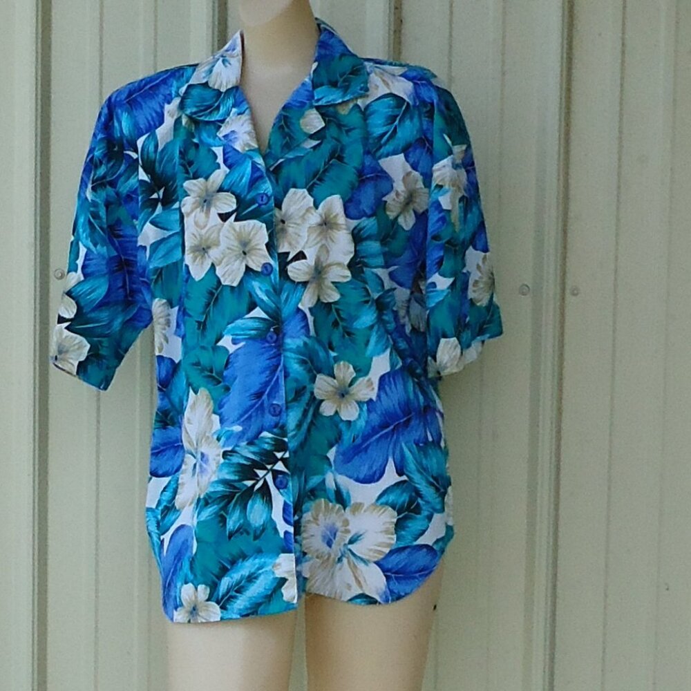 Vintage Hawaiian Cotton Blue White Blouse sz 16 USA Made